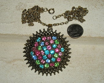 Vintage Blue Pink And Green Rhinestone Pot Metal Medallion Pendant Necklace 1940's Jewelry 4