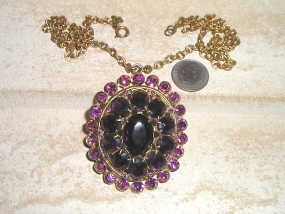 Vintage Big Purple Rhinestone Pendant Necklace Vi… - image 1