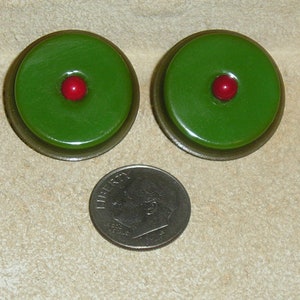 Green Bakelite Clip On Earrings With Red Glass Centers. Swank 1950&#39;s Vintage Jewelry 11193