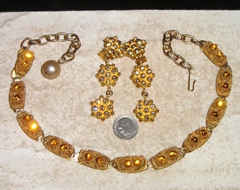Vintage Marigold  Rhinestone Crystal Choker Necklace Complementary 1980 Shoulder Duster Clip On Earrings 1960's Jewelry 60001