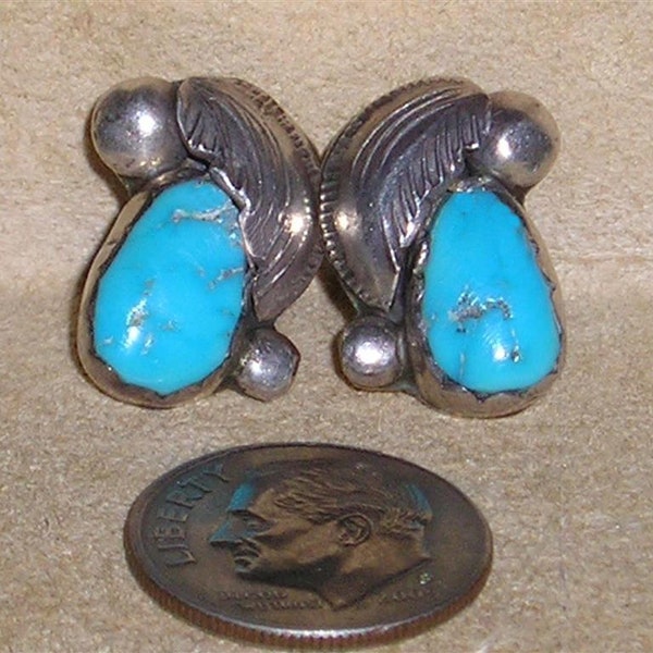 Vintage Signed Simplicio Sterling Silver Tear Drop Blue Gemstone Turquoise Pierced Earrings. Native American Motif! 1970's Jewelry 2092