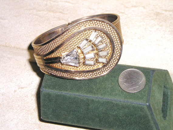 Vintage Rhinestone Baguette Hinged Bracelet. Gold… - image 1