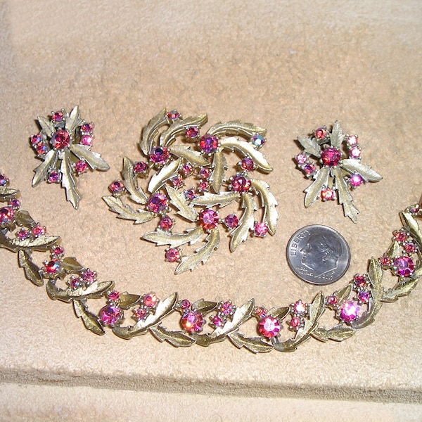 Vintage Iridescent Pink Rhinestone Bracelet Brooch Clip On Earring Set 1960's Jewelry 10091