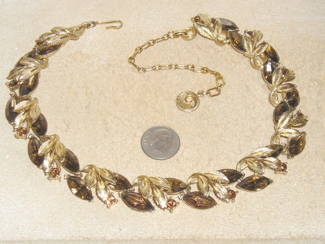 Signed Lisner Brown Topaz Rhinestone Choker Necklace Gold