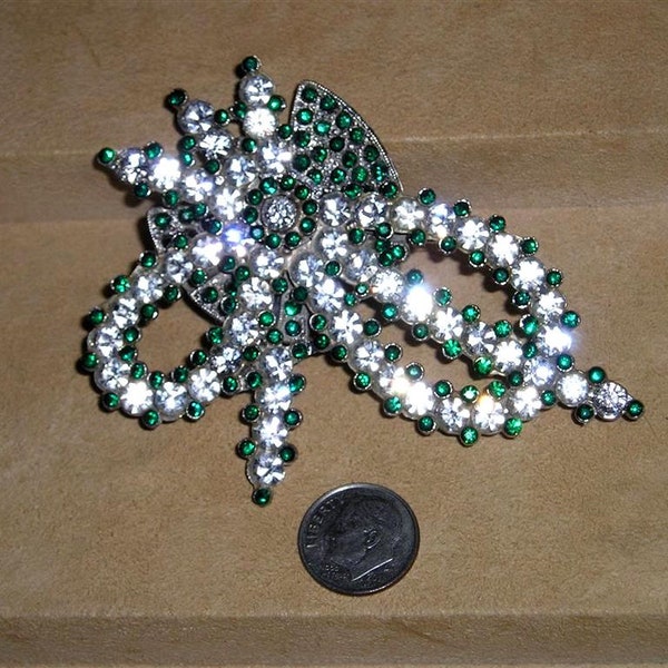 Vintage Unsigned Staret Large Green And Clear Rhinestone Brooch. Magnificent 1940's Jewelry 110