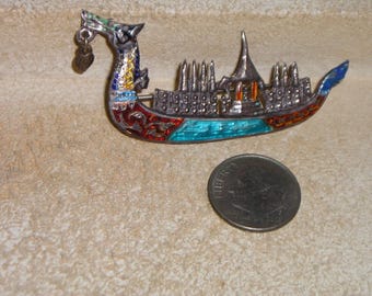 Vintage Signed Siam Sterling Enamel Dragon Lantern Barrage Ship. Show Boat 1950's Jewelry 11155