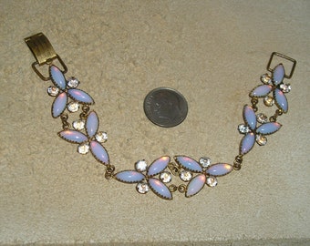 Vintage Solid Brass Opalescent Saphiret Rhinestone Bracelet. Art Deco Era. 1930's Jewelry 3122