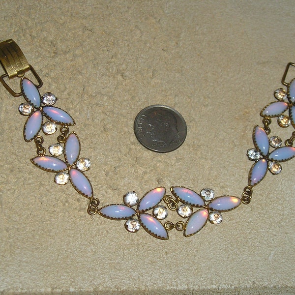 Vintage Solid Brass Opalescent Saphiret Rhinestone Bracelet. Art Deco Era. 1930's Jewelry 3122