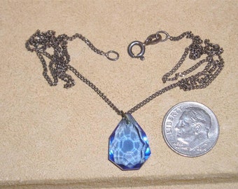 Vintage Art Deco Blue Crystal Glass Tear Drop Pendant On Signed Sterling Silver Chain. Majestic 1930's Jewelry 047