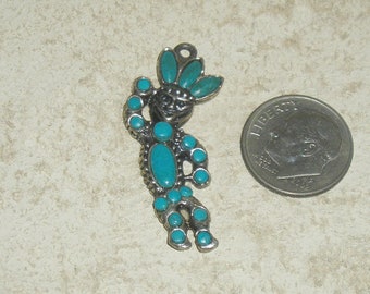 Vintage Unsigned Sterling Silver Native American Katchina Dancer Charm Or Pendant. Embellished With Turquoise Gemstones 1970's Jewelry 11057