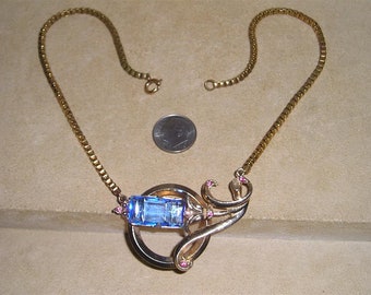 Vintage Victorian Revival Art Nouveau Blue Invisibility Glass Necklace With Rhinestone Accents 1940's Jewelry a130b