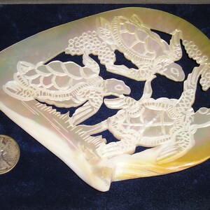 Vintage Large Carved Mother Of Pearl Shell Sea Turtles. Splendid Piece Wall Decoration 1970&#39;s