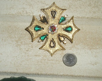 Vintage Rhinestone Gold Tone Maltese Cross Brooch Pin. Also a Pendant. Beautiful Piece 1960's Jewelry 2276