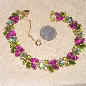 Vintage Signed Trifari Iridescent Fuchsia and Peridot Crystal 