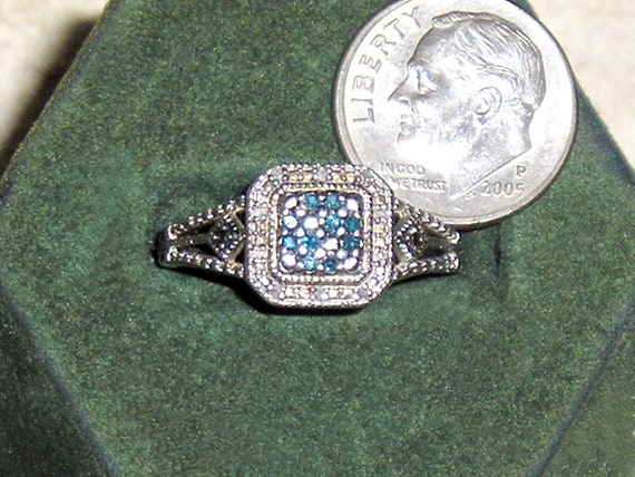 Signed Sun Sterling Silver Blue And White Diamond Gemstone Victorian Revival Ring. Size 7 Well Done 1990's Vintage Jewelry #94