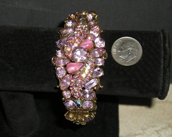 Signed Hollycraft Lavender & Iridescent Rhinestone Hinged Bracelet With Pink Moonstone Tear Drop Centers. Posh! 1960's Vintage Jewelry 012