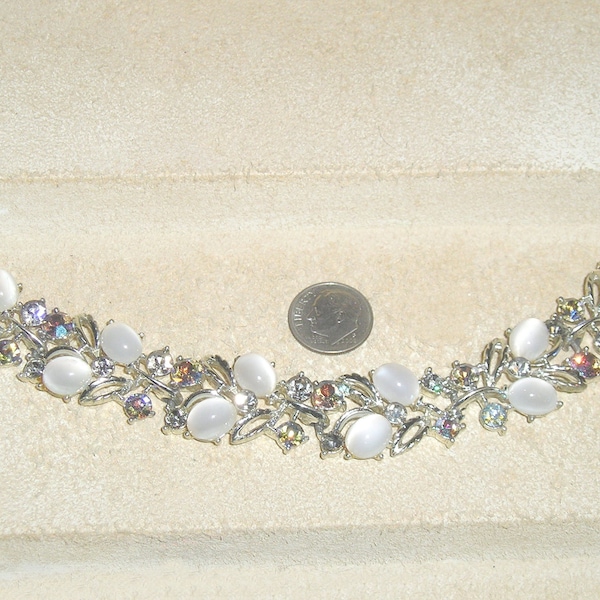 Signed Lisner Magnificent Iridescent Crystal Rhinestone Bracelet With Glass Moonstone Cabochons 1960's Vintage Jewelry 60015