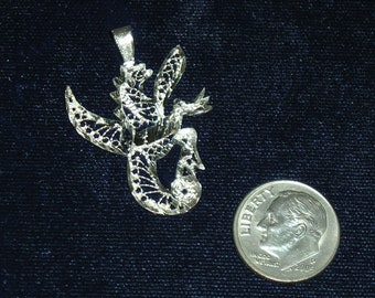 Vintage Unsigned Sterling Silver Etched Dragon Pendant. Well Done 1970's Jewelry 4141