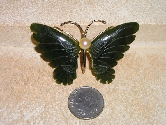 Vintage Signed Swo For Swoboda Carved Jade Gemstone Butterfly Brooch. Well Done 1960's Jewelry 2006