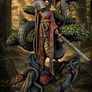 May include: A detailed figurine of a humanoid figure with a snake tail, wearing a red and blue patterned kimono with a rope belt. The figure holds a folding fan and a long sword, standing on a rocky base with a tree and a coiled blue snake.