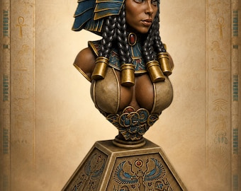 May include: A detailed bust of an Egyptian queen, featuring a blue and gold headdress, intricate braids, and a decorative collar. The bust is mounted on a pyramid-shaped base with hieroglyphic carvings, showcasing ancient Egyptian artistry.