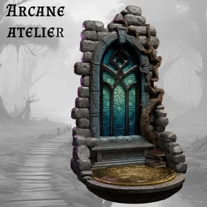 May include: A fantasy sculpture of a stone window with teal and green stained glass. The sculpture includes a stone wall, a wooden vine, and a golden circular base. The text "Arcane Atelier" is at the top. The scene is set in a misty forest.