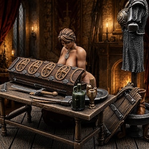 May include: A detailed miniature diorama featuring a figure leaning over a wooden chest with carved floral motifs. On the table are a small sword, a dark green bottle, and a metal goblet. A suit of armour on a stand is positioned to the right.