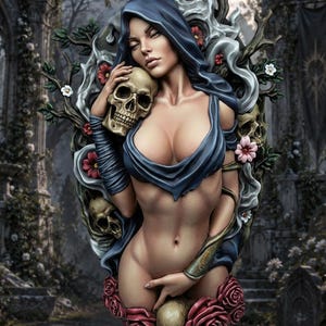 May include: A detailed resin bust sculpture featuring a figure with a dark blue hood, holding a human skull near the face. The figure is surrounded by swirling grey smoke, bare tree branches, small white and red flowers, and several skulls.