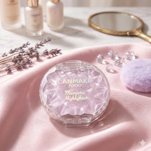 Puede incluir: Un compacto transparente y facetado del iluminador CANMAKE Tokyo Mungutto descansa sobre una tela de satén rosa. El compacto está rodeado por un pequeño aplicador morado esponjoso, cristales transparentes y otros productos de belleza. El texto "CANMAKE Tokyo Mungutto Highlighter" es visible.