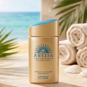 Puede incluir: Una botella de protector solar dorada con tapa azul, con la marca "ANESSA" y el texto "PERFECT UV SUNSCREEN SKINCARE MILK SPF50+". El fondo muestra una escena de playa con toallas enrolladas y conchas marinas.