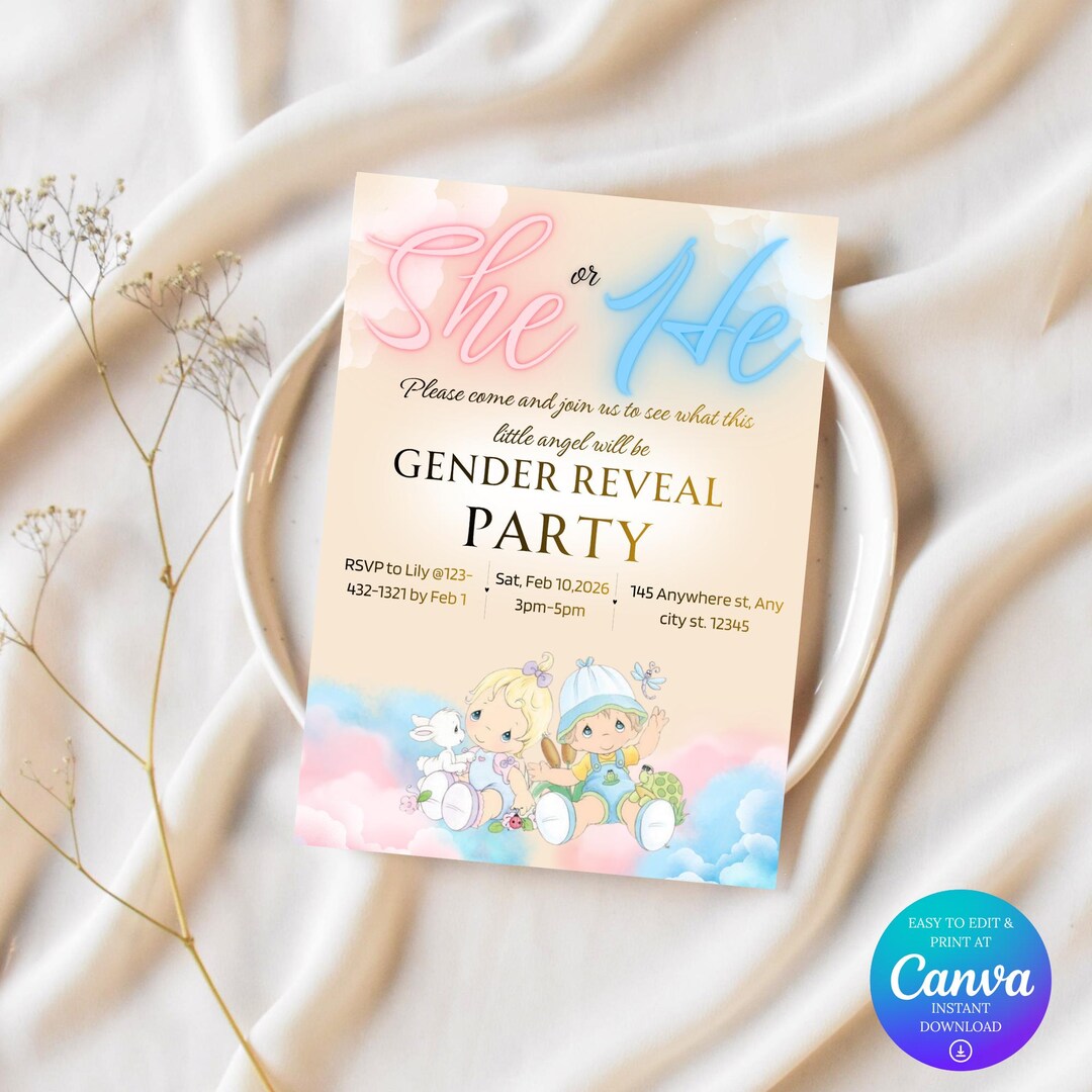 Editable Gender Reveal Party Invitation | She or He Theme | Baby Shower ...