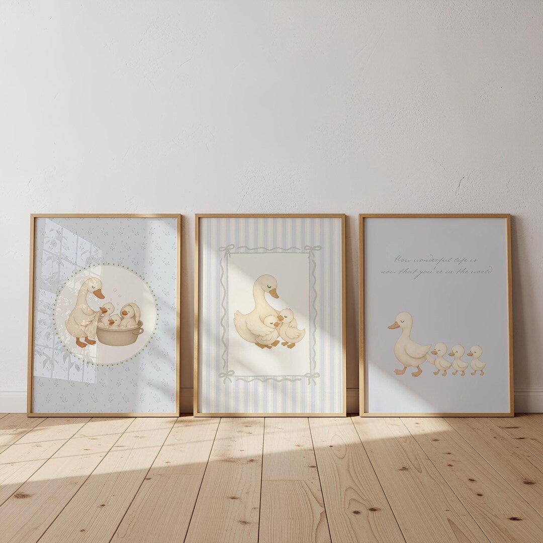 Baby Blue Nursery Art Set of 3 Duckling Nursery Decor Playful Vintage ...