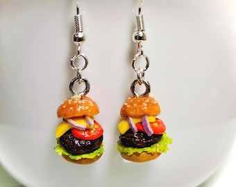 Brincos de Mini Hambúrguer em Porcelana Fria - Comida Kawaii, Joias Artesanais - Acessório de Comida em Miniatura - Hambúrguer