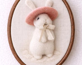 Arte artesanal em feltro com coelho rosa de Páscoa, bastidor de bordado para decoração de parede de quarto infantil, presente para chá de bebê.