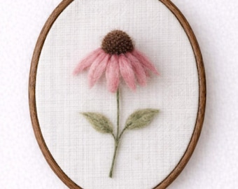 Bastidor de bordado em feltro agulhado com flor em formato de cone, arte floral feita à mão para decoração de parede.