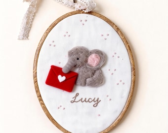 Retrato de elefante bordado em feltro agulhado personalizado - Presente para o Dia dos Namorados