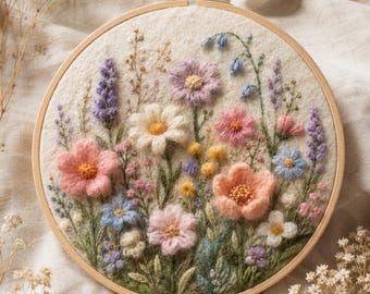Bastidor de bordado artesanal em feltro de lã com flores silvestres | Decoração de parede com tema de jardim floral | Decoração para quarto de bebê estilo cottagecore | Presente para ela