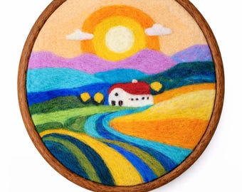 Bordado artesanal em feltro agulhado com paisagem de outono - Arte de parede inspirada na natureza, decoração aconchegante para a casa