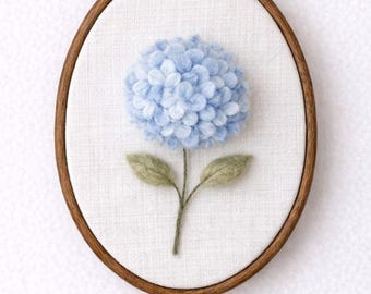 Arte em bastidor de hortênsia feita à mão com feltro agulhado, decoração floral para parede.