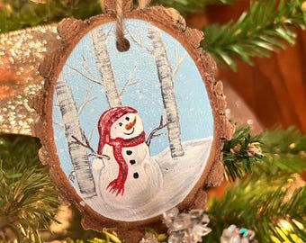 Décoration de bonhomme de neige en bois peinte à la main - Décoration de Noël rustique