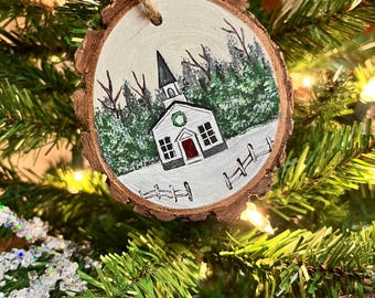 Hand Painted Church Wood Slice Ornament – Rustic Christmas Decor