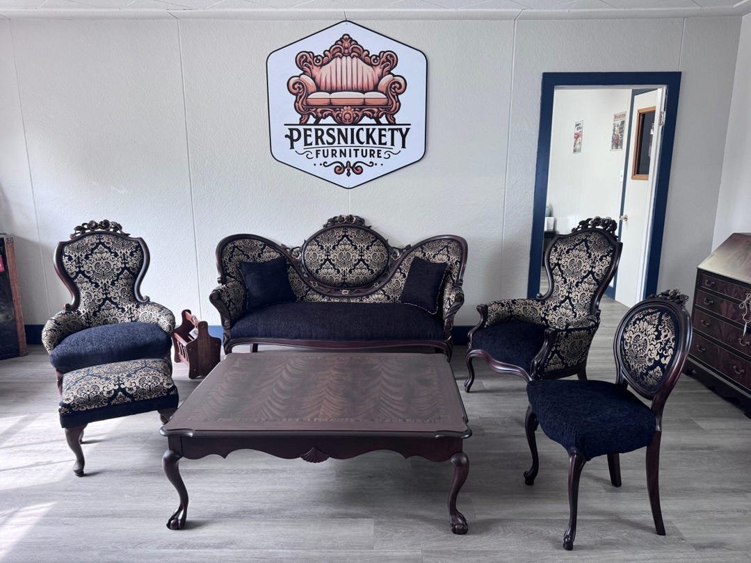 Antique Victorian Parlour Set | Refinished Wood Sofa, Chairs, Ottoman ...
