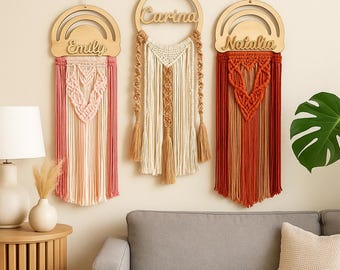 Personalized Macrame Name Wall Hanging, Boho Rainbow Door Ornament, Cotton Tapestry L02
