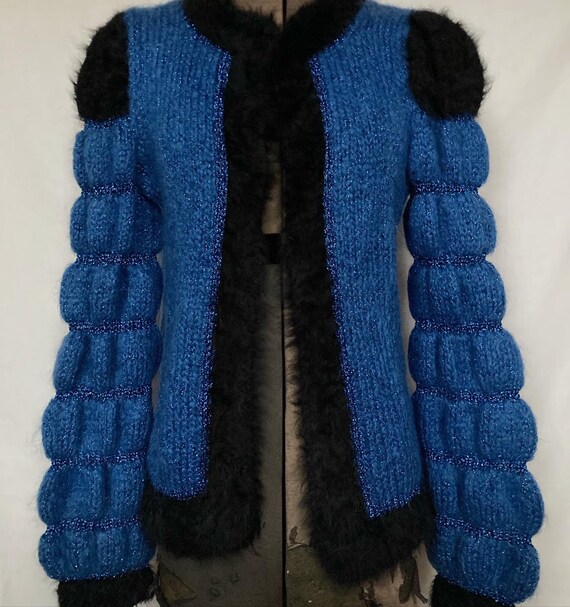 1980s Linda Rossbach Hand Made Mohair Knit Sweater w Silver Thread Detailing