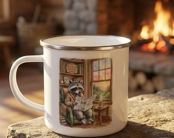 Gemütliche Waschbär-Leseszene Emaille Camping Becher | Cabochon Morgen Kunstwerk | Bester Opa | Vatertag