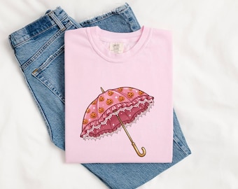 Pumpkin Parasol Shirt Halloween Dark Gift Women Cute Tee Umbrella T-Shirt Horror Fan Spooky Tshirt Dark Graphic Muted Trim Tshirt