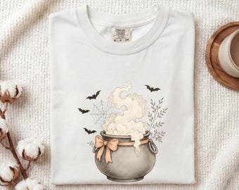 Witch Cauldron Shirt Halloween Witch Gift Women Whimsical Tee Cauldron T-Shirt Halloween Fan Fantasy Tshirt Sorcery Graphic Vintage Bat