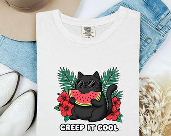 Maglietta con gatto nero, regalo felino per Halloween, maglietta da donna con fumetto, maglietta con gatto, maglietta horror per fan del gattino, illustrazione grafica di gatto, maglietta con anguria sull'isola