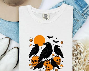 Maglietta di Halloween con corvo, teschio e zucca / Maglietta gotica spettrale