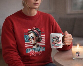 アメリカンママギフトセット、愛国的なママバンドル、スウェットシャツマグキャンドルセット、母の日ギフト、7月4日のママギフト、USAママギフトボックス